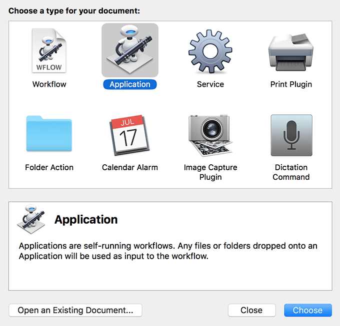 Automator choose a type for your document window