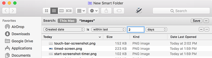 New Smart Folder that retrieves recent files