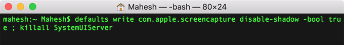 Terminal window with command: defaults write com.apple.screencapture disable-shadow -bool true ; killall SystemUIServer