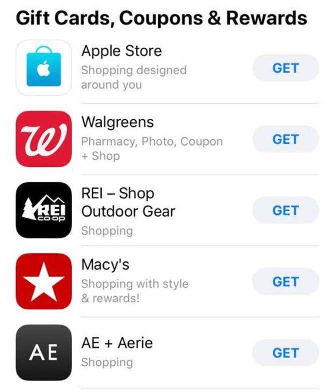 Gift Cards, Coupons & Rewards list in Apple Wallet