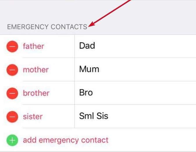 Emergency Contacts indicated in Medical ID app