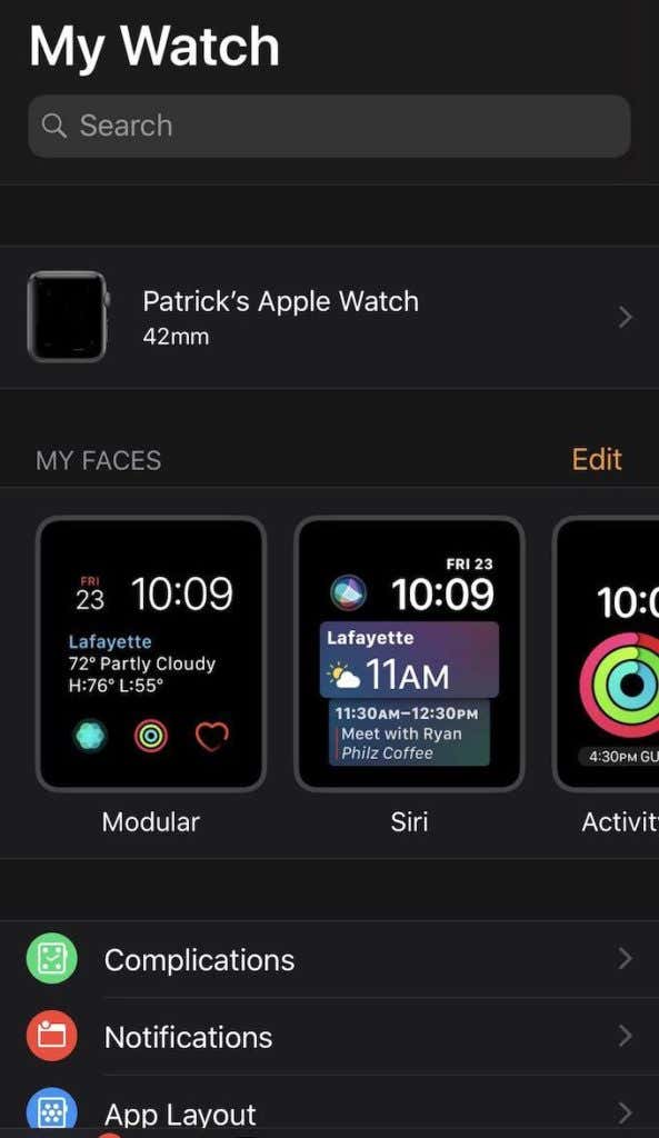 My watch settings window on iPhone