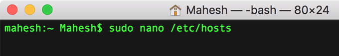 Terminal window with command: sudo nano /etc/hosts 