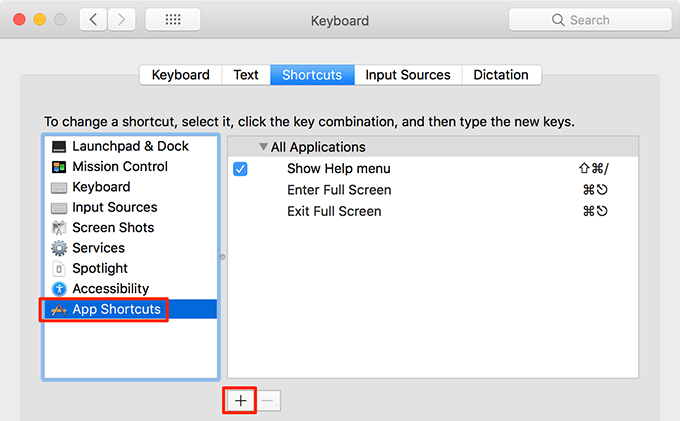 App Shortcuts menu in Keyboard preferences screen with the + button highlighted 