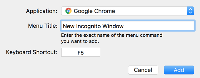 Add Shortcut screen with New Incognito Window in Menu Title 