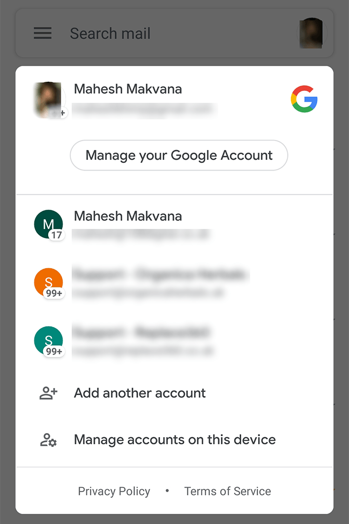 Manage your Google account screen 