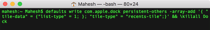 Terminal window with command: 
defaults write com.apple.dock persistent-others -array-add '{ "tile-data" = {"list-type" = 1; }; "tile-type" = "recents-tile";}' && \killall Dock