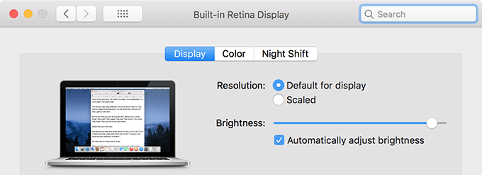 Displays window in System Preferences