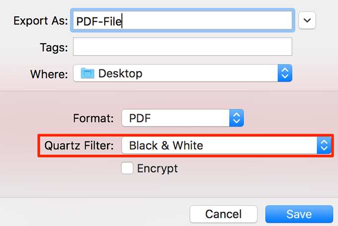 Export As menu with Quartz Filter option highlighted