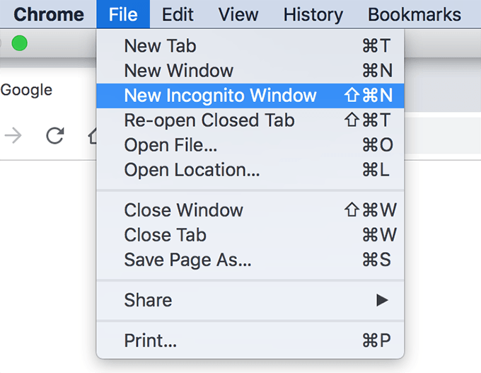 File -> New Incognito Window selected 