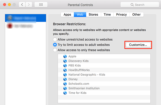 Customize button under Parental Controls