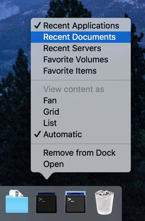 Right-click menu on new stack in Dock 