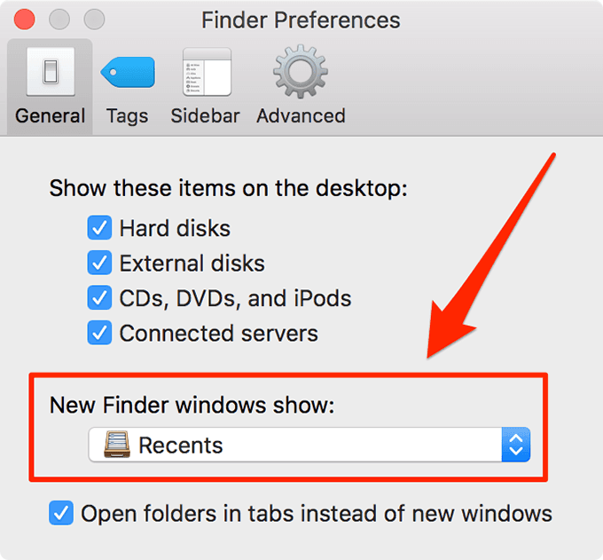 Finder Preferences with New Finder windows show Recents highlighted 