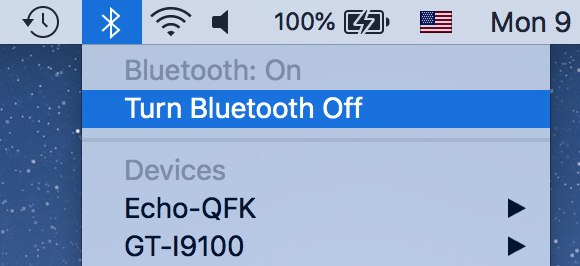 Turn Bluetooth Off menu selected 