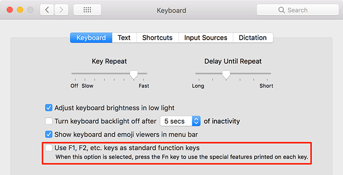 Keyboard preferences window with Use F1, F2, etc. as standard function keys highlighted 