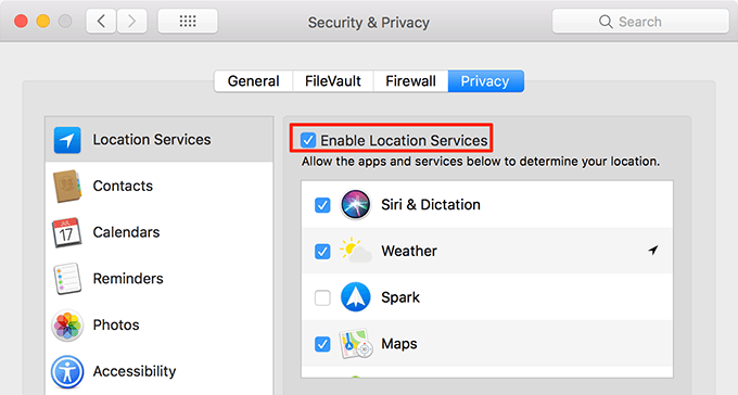 Enable Location Services in Security. & Privacy 