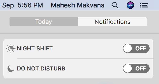 Do Not Disturb and Night Shift options under Notifications menu