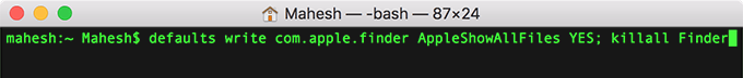 Terminal window with command: defaults write com.apple.finder AppleShowAllFiles YES; killall Finder 