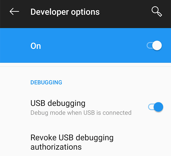 Developer options tab under Settings with USB debugging turned on