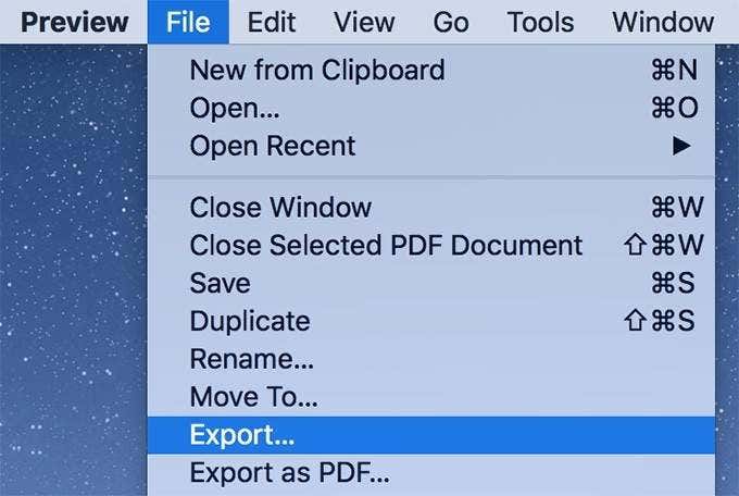 File -> Export menu listed in Preview 