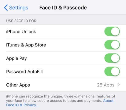 Face ID & Passcode options window under Settings menu