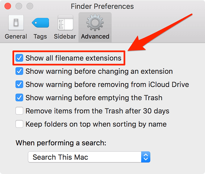 Show all filename extension under Advanced Finder Preferences
