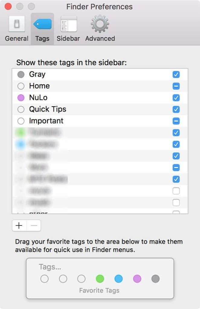 Tags in Finder Preferences window