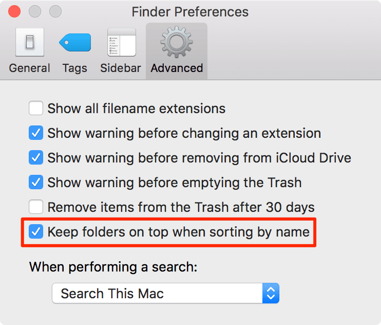 Finder Preferences window with keep folders on top when sorting selected