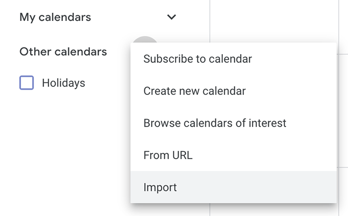 Import option under Google Calendars