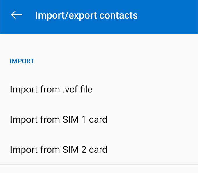 Import/export contacts menu 