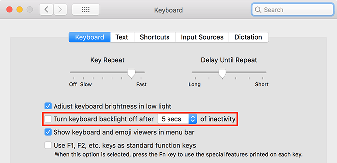 Turn keyboard backlight off option in Keyboard settings