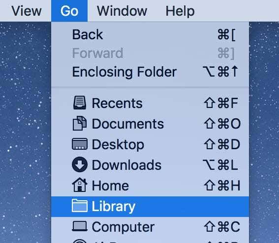 Library folder selected under Go menu