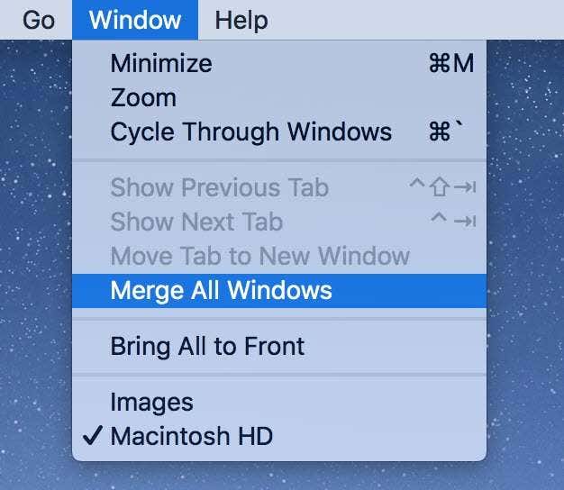 Merge All Windows selected under Window menu