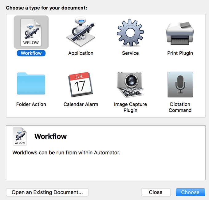 Workflow selected in Automator window