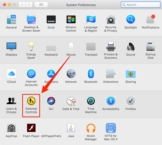 Parental Controls under System Preferences highlighted