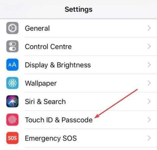 Touch & Passcode menu under Settings