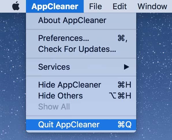Quit App Cleaner menu selected
