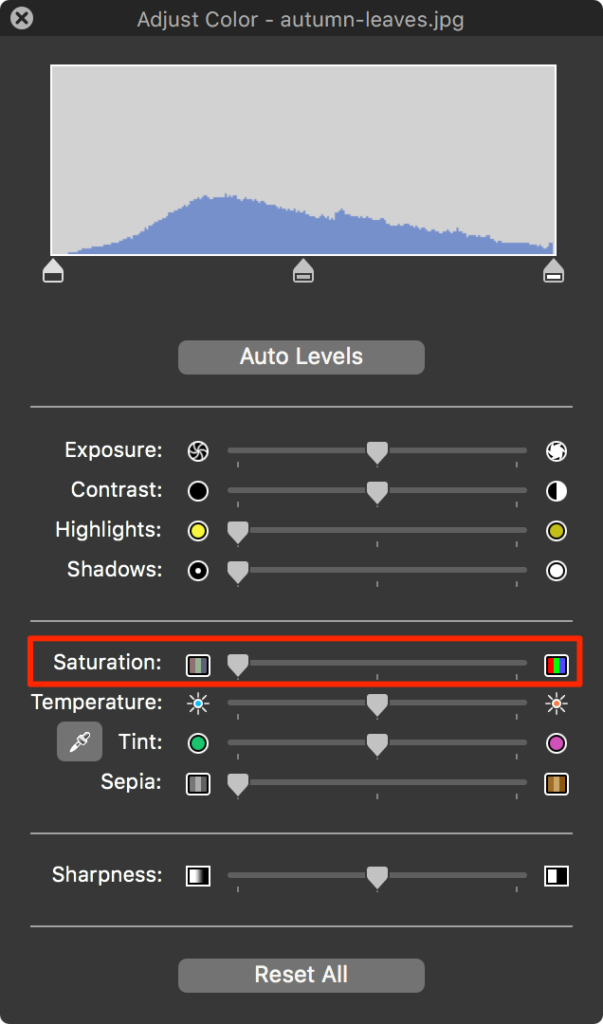 Adjust Color tool window with Saturation highlighted 