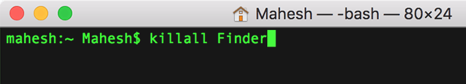 Terminal window with command:  killall Finder 