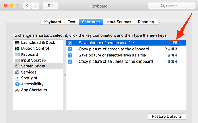 Screen Shots Shortcuts with Save picture of screen as file F5 highlighted 