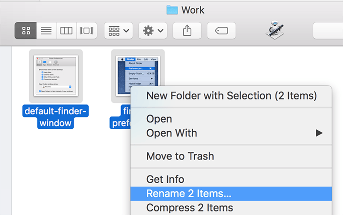 Right-click menu with Rename 2 Items selected