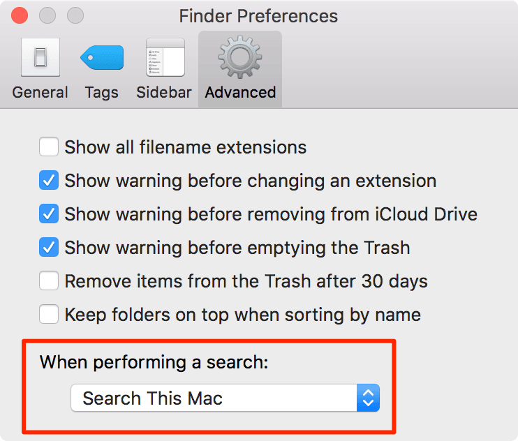 Search This Mac highlighted in Finder Preferences