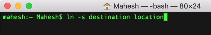 Terminal window with command:  ln -s destination location