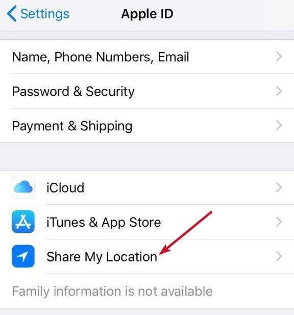 Share My Location option in Settings menu