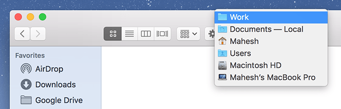 Work folder selected in Finder menu