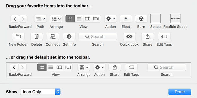 Customize Toolbar screen 