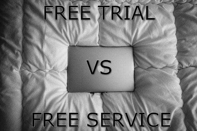 Laptop on bedspread with words "Free Trial" vs "Free Service" written above and below 