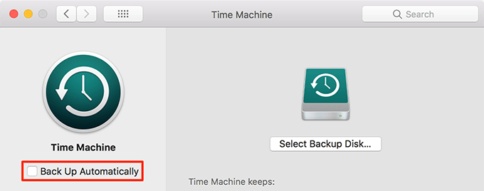 Back Up Automatically in Time Machine highlighted 
