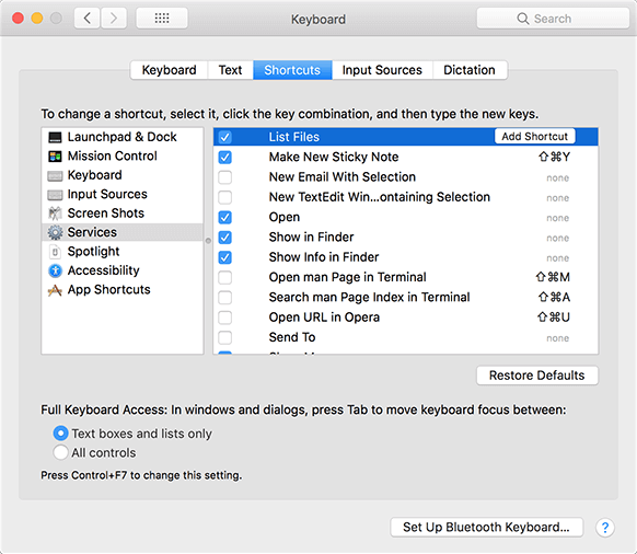 Services in Shortcuts tab