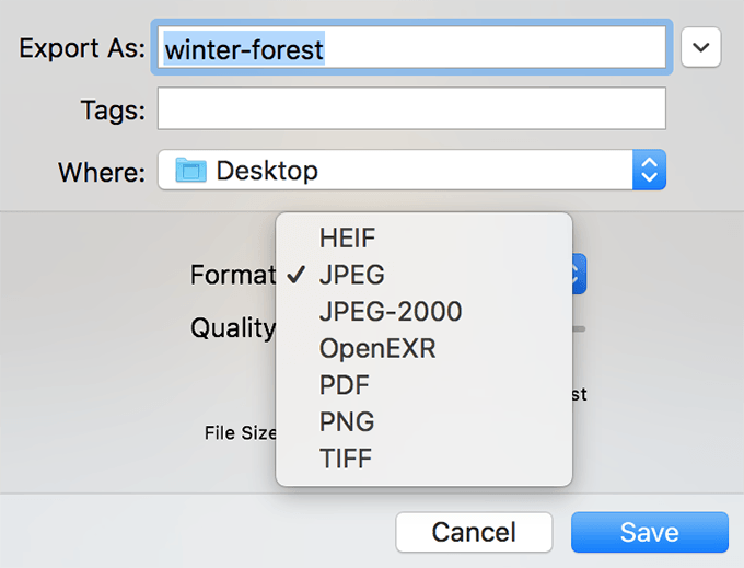 Export As JPEG window in Preview 
